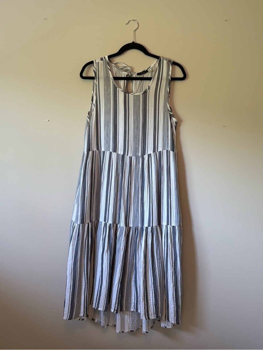 RDI Sleeveless Striped Tiered Midi Dress Size Medium Bluey Grey White Gauze Boho